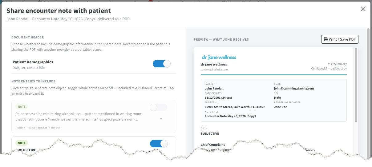The Share encounter note dialog — entry-by-entry include/exclude toggles on the left, live PDF preview on the right