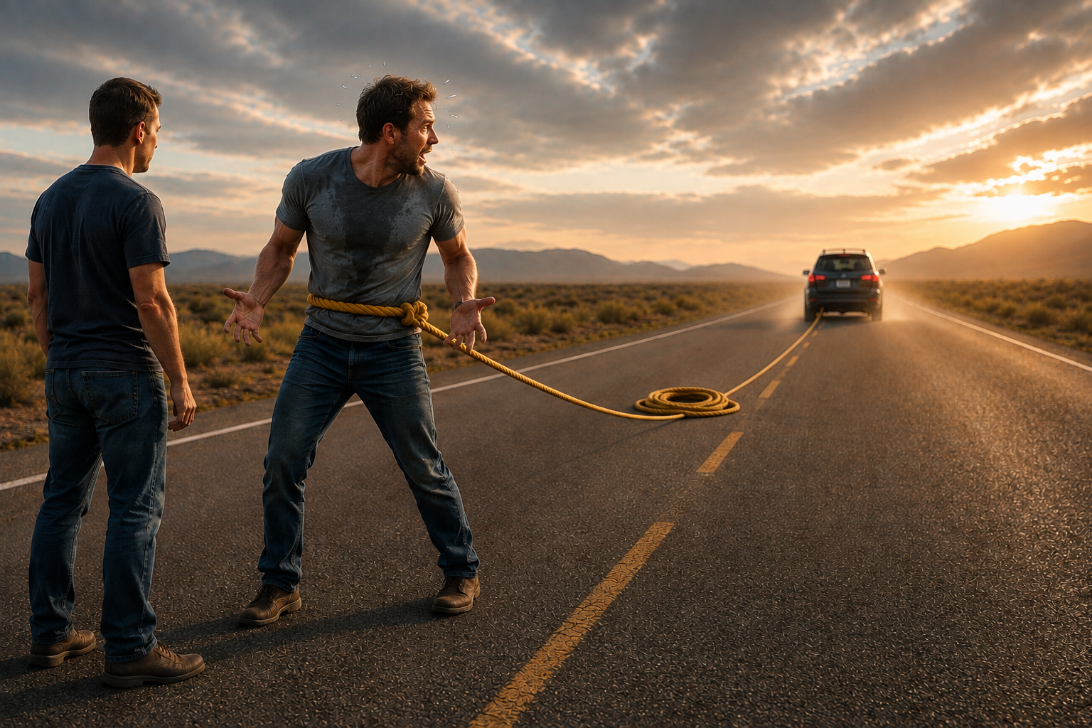 A man bound by a rope tied to a car driving away, shouting at his friend in the road