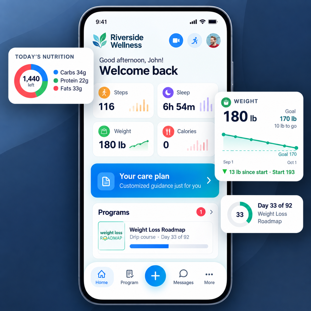 BodySite white-label patient app showing care plan, nutrition, weight tracking and program progress
